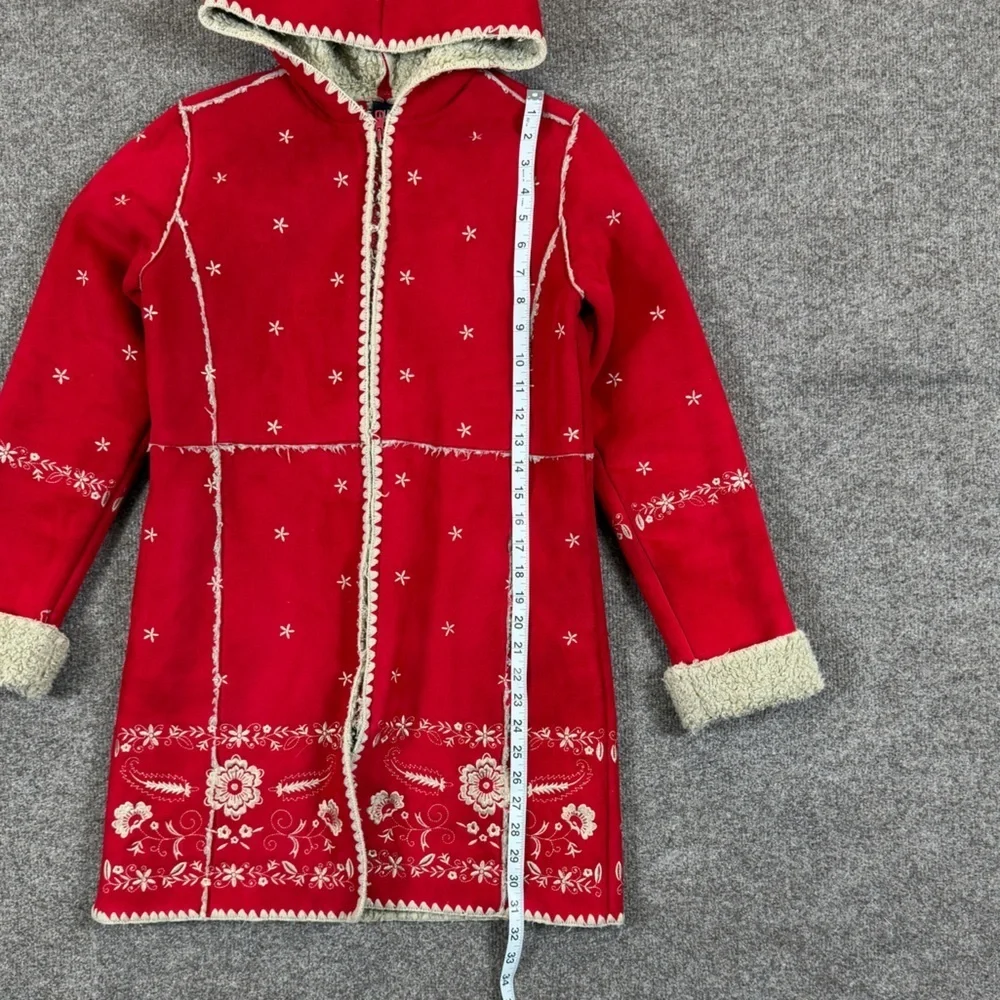 VTG Gap Kids Girl’s XL Red Faux Suede Shearling Nordic Embroidered Hooded Jacket